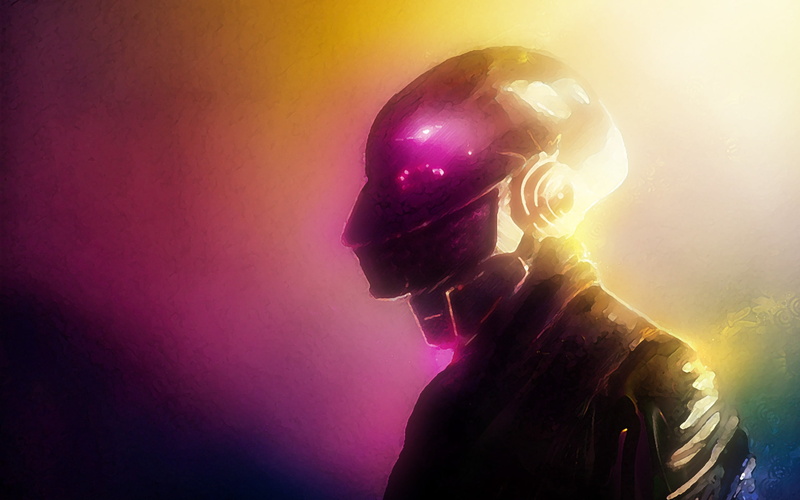 young adult, adult, Daft Punk, multi colored, futuristic, 2K, digital composite, indoors, purple, connection, helmet, copy space, studio shot, one person