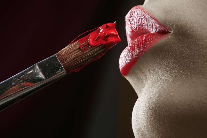 paint splatter, women, blood, red lipstick, beautiful woman, body part, make-up, close-up, young adult, lipstick, make-up brush, indoors, black background