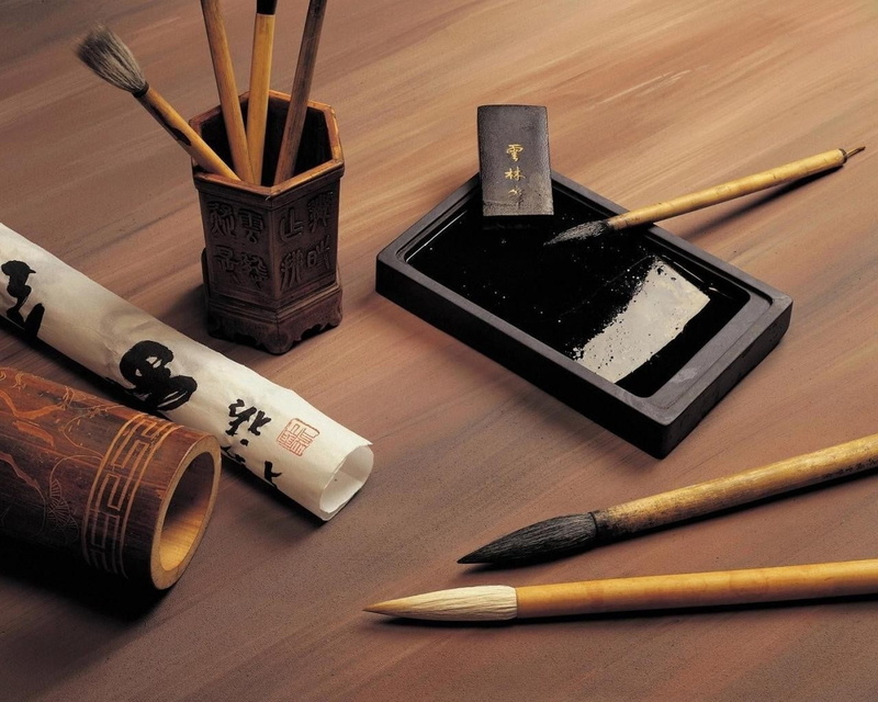 table, art and craft equipment, sushi, still life, group of objects, brown, art, paintbrush, brush, calligraphy, paint, japanese Culture, indoors, backgrounds