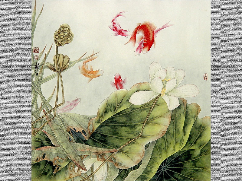 paintings, leaves, goldfishes, asian, asian-art, painting, white, 720P, art, lotus, japanese, chinese
