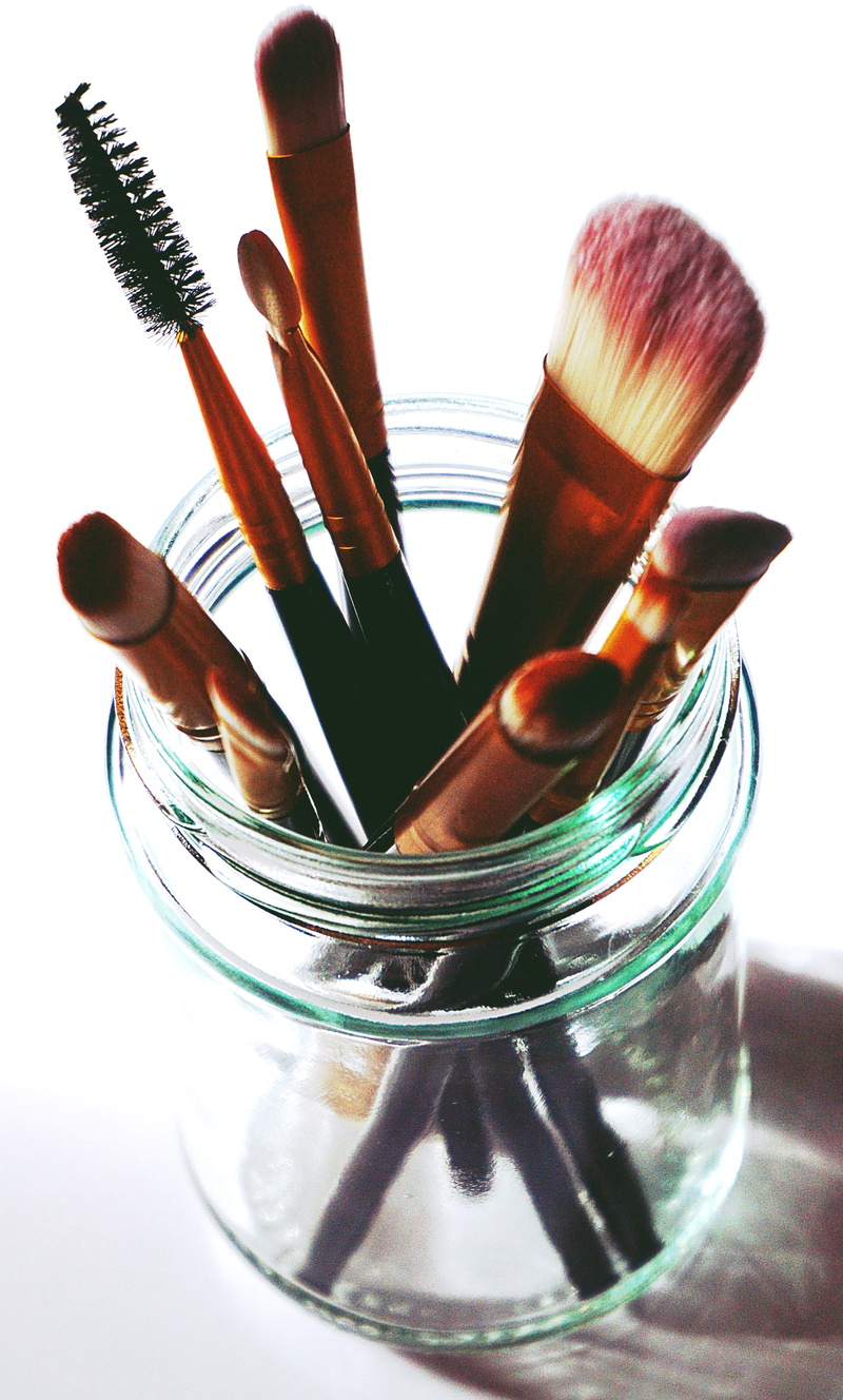 brush, mason, group of objects, still life, studio shot, art and craft, paintbrush, table, creativity, container, glass - material, high angle view, tool
