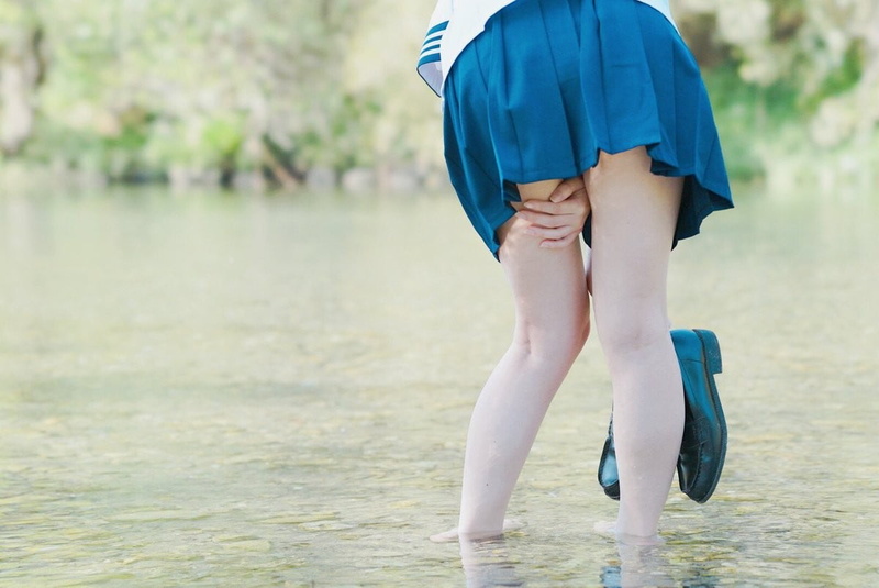 Japanese women, s, leisure activity, offspring, low section, one person, water, women, human leg, real people, black, river, nature, sailor uniform, focus on foreground