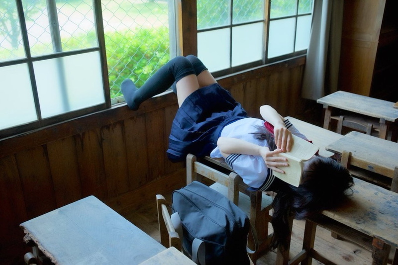 sailor uniform, knee-highs, black hair, classroom, Japanese women, 720P, skirt, black socks