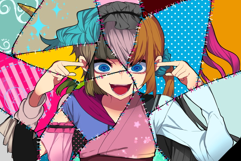 black hair, twintails, digital art, multicolored hair, horns, long hair, blue eyes, green hair, drawing, anime girls, blue hair, yandere, short hair, kimono