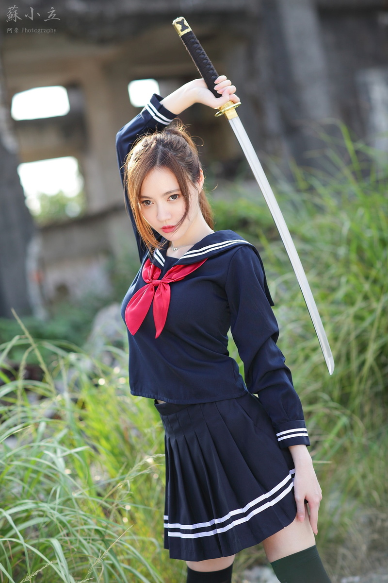 outdoors, depth of field, stockings, portrait display, ponytail, skirt, looking away, women outdoors, brunette, schoolgirl, Asian, arms up, sword, sailor uniform