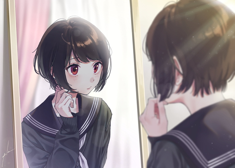 school uniform, red eyes, digital art, sailor uniform, mirror, 2K, bokeh, brunette, original characters, drawing, anime girls, artwork, sun rays, blushing