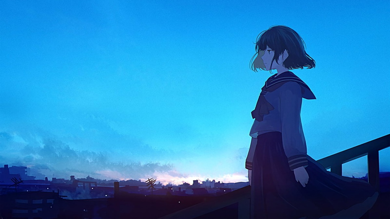 built structure, standing, leisure activity, 1080P, hairstyle, outdoors, three quarter length, low angle view, looking into the distance, manga, side view