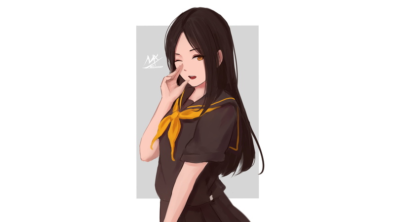rectangle, illustration, original characters, portrait, anime, digital art, women, black clothing, brown eyes, open mouth, anime girls, gray, drawing, school uniform