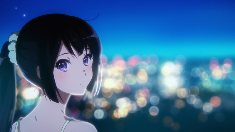 Hibike! Euphonium, technology, headshot, sunlight, portrait, focus on foreground, blue, day, one person, lens flare, sky, outdoors, illuminated, human face