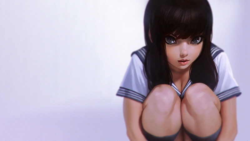 original characters, brown hair, squatting, school uniform, body part, portrait, looking at camera, one person, emotion, teenager, hairstyle, indoors, anime girls