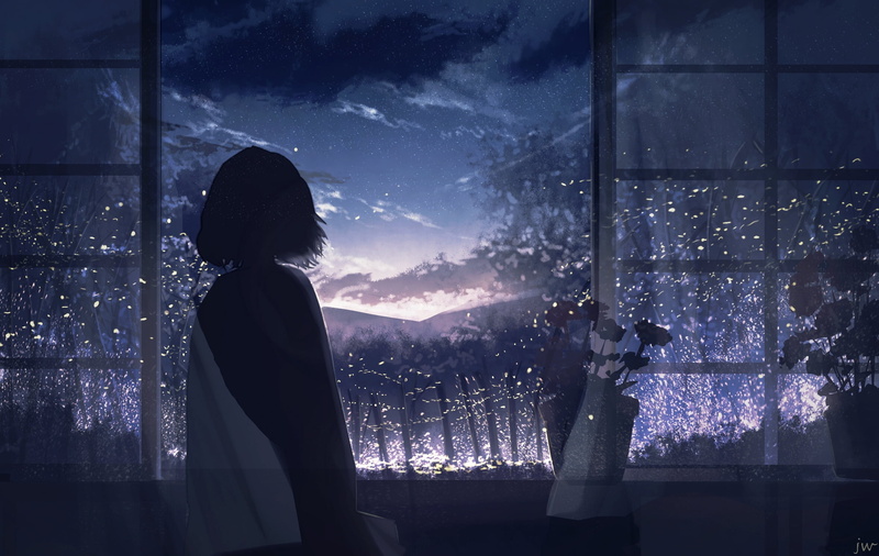 1080P, night sky, anime girls, anime