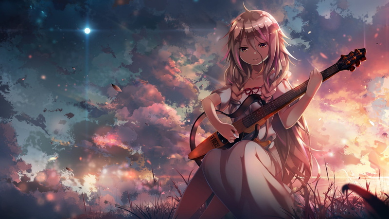 hairstyle, Moon, holding, IA (Vocaloid), 1080P, real people, beautiful woman, stars, musical instrument, anime girls, sunset, string instrument, arts culture and entertainment