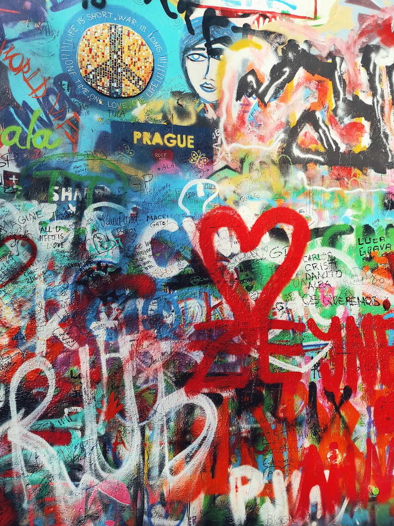 spray paint, messy, doodle, mural, lennon wall, multicolored, modern art, built structure, paint, red, czech republic, housing, graffiti, 2K, day, prague