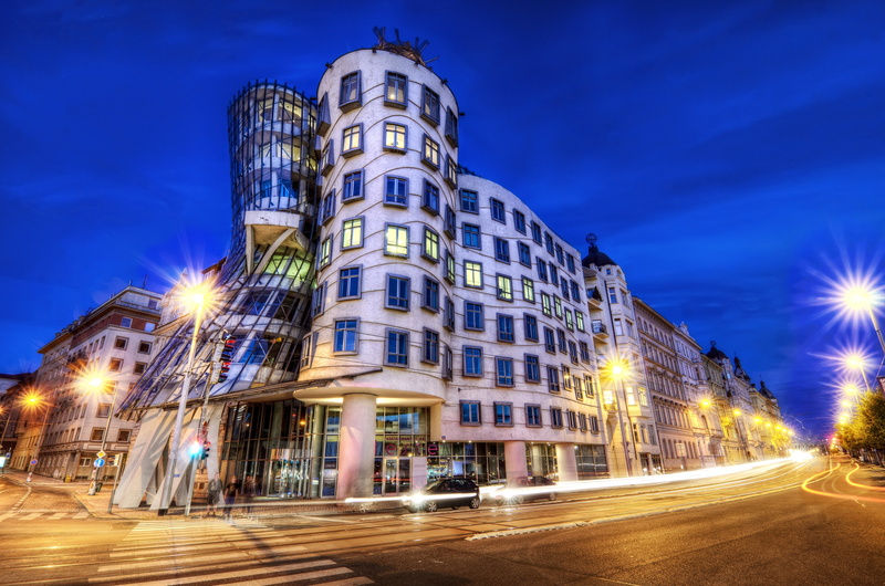 light trail, excerpt, dusk, street, Praha, city, Czech, night, illuminated, building, light, the building, built structure, machine, road, no people, Czech Republic