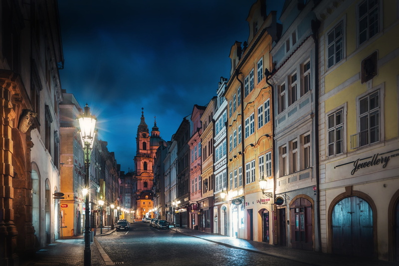 street, 1080P, building, night city, bridge, lights, home, Czech Republic, Prague