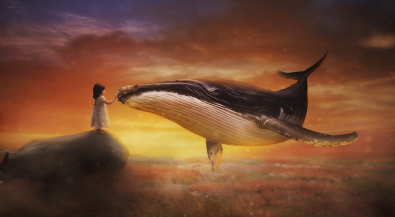 one animal, vertebrate, outdoors, Aero, bird, animals in the wild, whale, illustration, animal themes, oilpaint, side view, girl, nakrani, animal, full length
