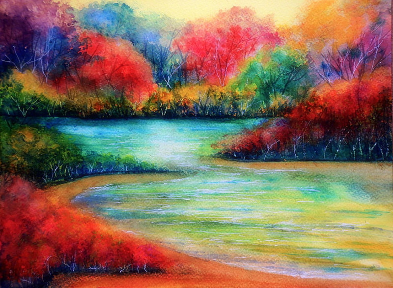 traditional-, tree, twilight, green, paintings, creative-pre--made, blooms, 1080P, red, water, painting, blue, beach, beside, landscapes, nature, beautiful