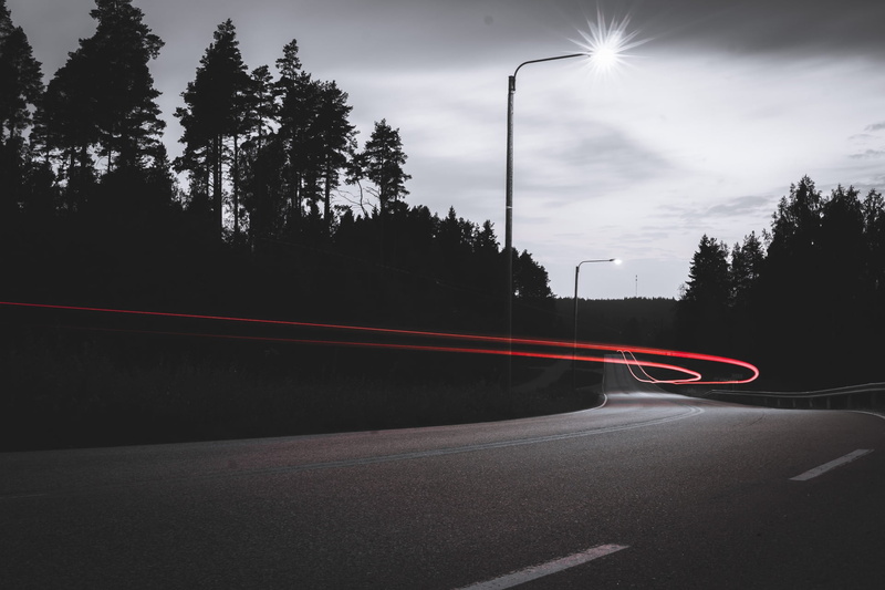 nature, symbol, road marking, plant, red, monochrome, on the move, street light, street, outdoors, tree, speed, 1080P, long exposure, dividing line, sky