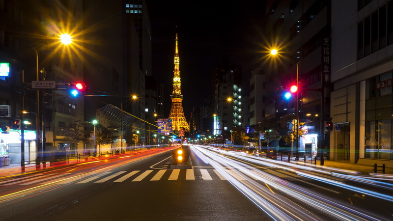 night, Tokyo, architecture, building exterior, light, skyscraper, lens flare, street light, timelapse, 4K, vehicle light, city life, outdoors, city street
