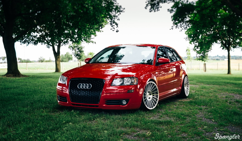 plant, audi a3, audi, transportation, no people, door, day, field, red, land, tree, sky, green color, front view, 5K, focus on foreground, hatchback, nature