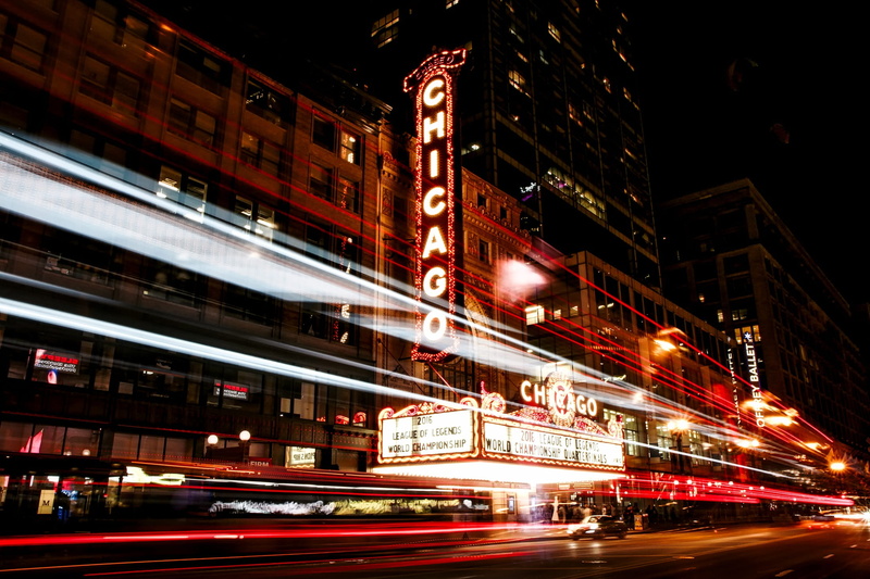 speed, street, illinois, city, night, light trail, lights, illuminated, city life, glow, on the move, architecture, road, buildings, no people, urban, skyscraper