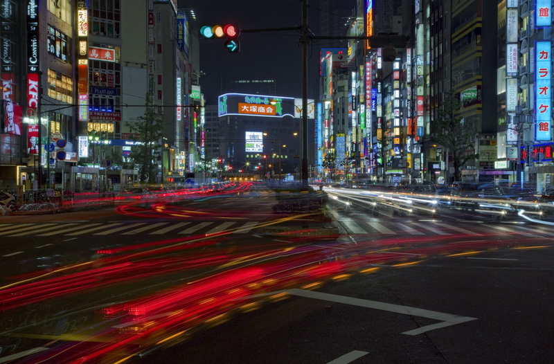 road, blurred motion, 1080P, building, timelapse, architecture, skyscraper, nighttime, sign, night, motion, light trail, illuminated, outdoors, road marking