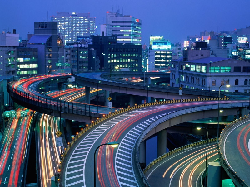 720P, traffic, light trails, Tokyo, interchange, city, road, cityscape, highway, Japan, long exposure