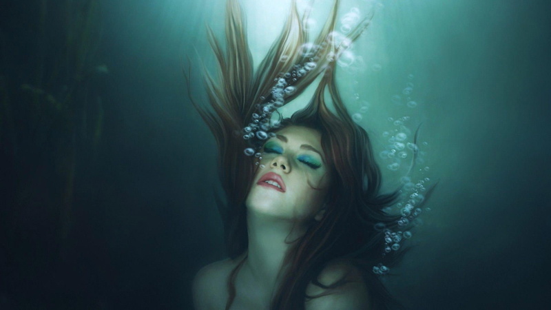 eyes, 1080P, underwater, drowning, closing, water, fantasy, girl, woman, 1920x1080, bubble, illustration