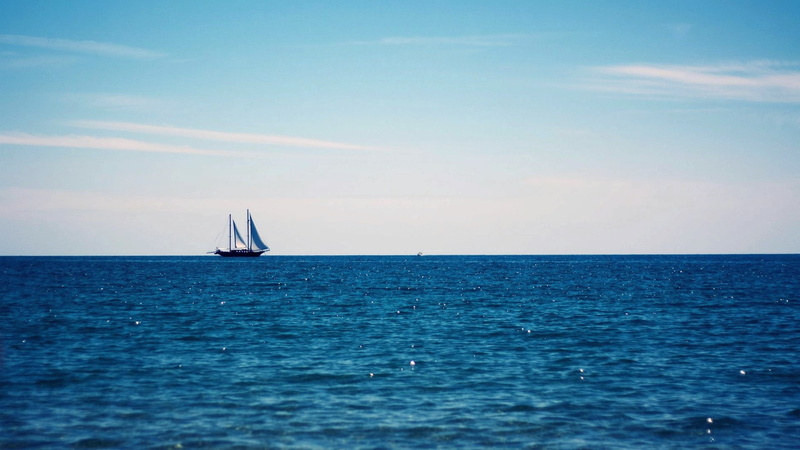 Sailboat, away, 1080P, art, far, oceans, ocean, nature, boat, hd, blue, water, sky, blue sky