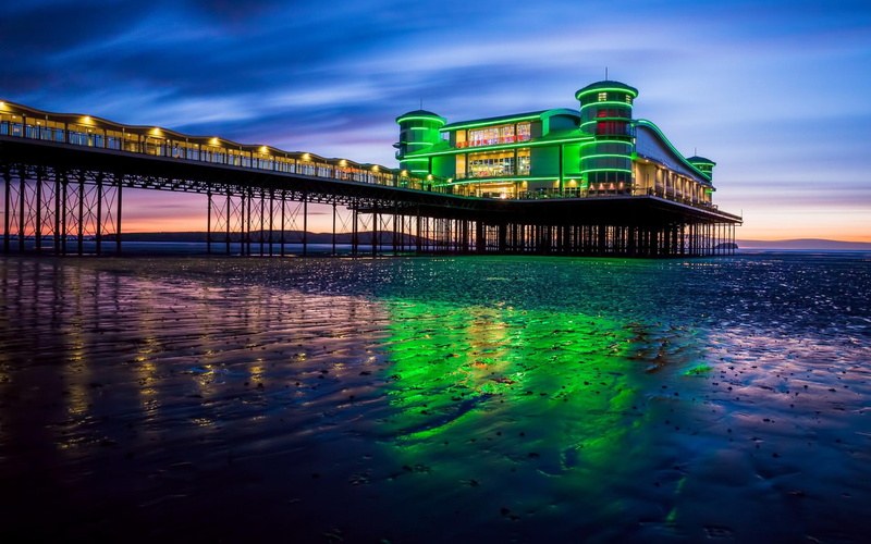 beach, bay, ocean, sea, evening, pictures, pier, high, lights, sunset, uk, 1080P, sky, england, clouds, architecture, resolution