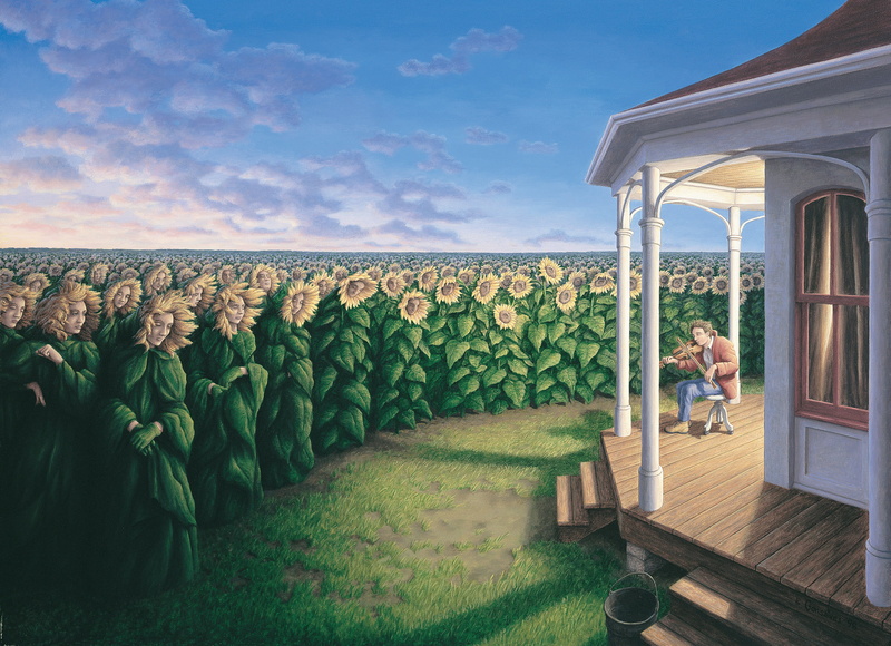 Rob Gonsalves, plants, 1080P, surreal, musical instrument, sky, artwork