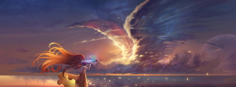 playing, musical instrument, cloud - sky, wind, blond hair, young adult, long hair, redhead, sky, women, 2K, artwork, hairstyle, reflection, one person