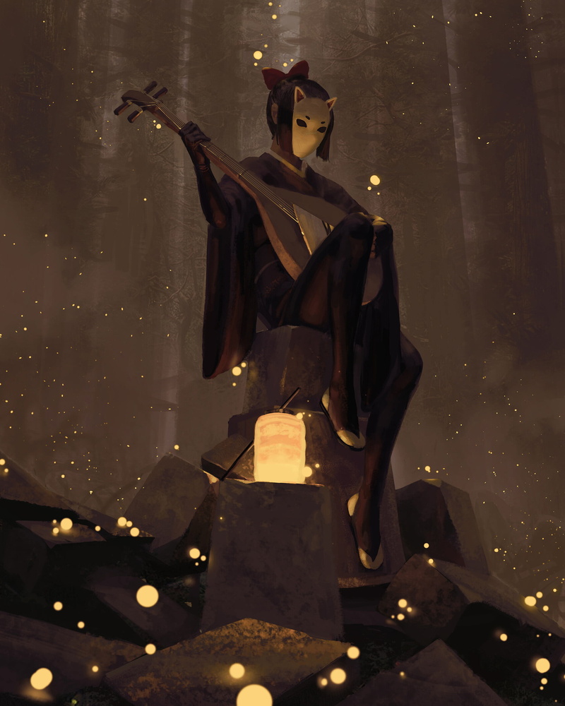 musical instrument, 1080P, fantasy girl, mask, fantasy art, artwork