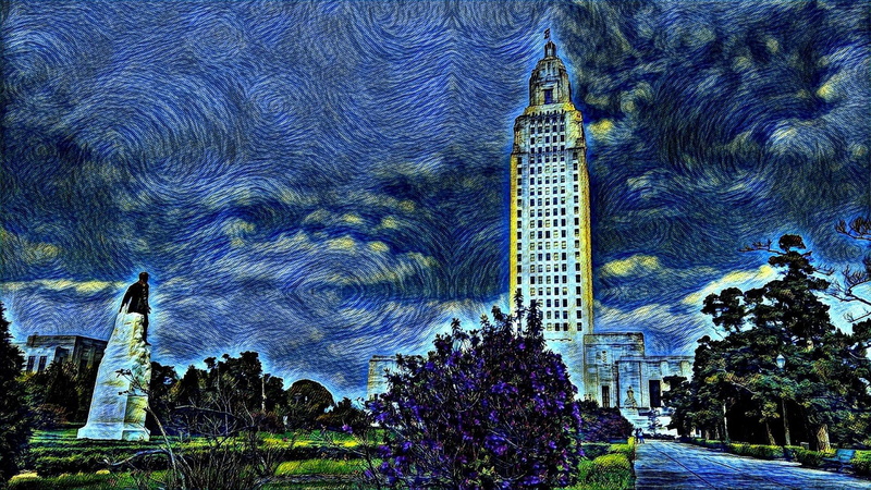 no people, starry sky, tree, painting, sky, 1080P, starry night, building, state capitol building, tall - high, building exterior, outdoors, van gogh