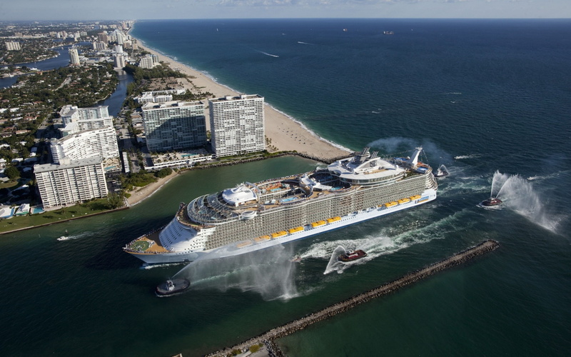 outdoors, day, M/S Harmony of the Seas, travel, cityscape, Port Everglades, land, vehicle, cruise ship, nautical vessel, high angle view, passenger craft