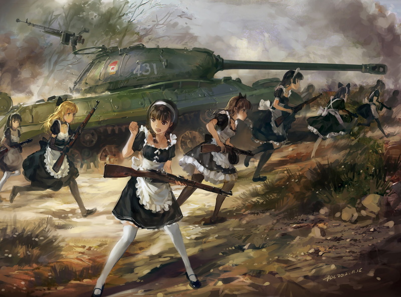 girls, art, the maid, anime, 1080P, the carbine Mosin, hjl, weapons, tank is-3, rifle PPSH-41, upscale