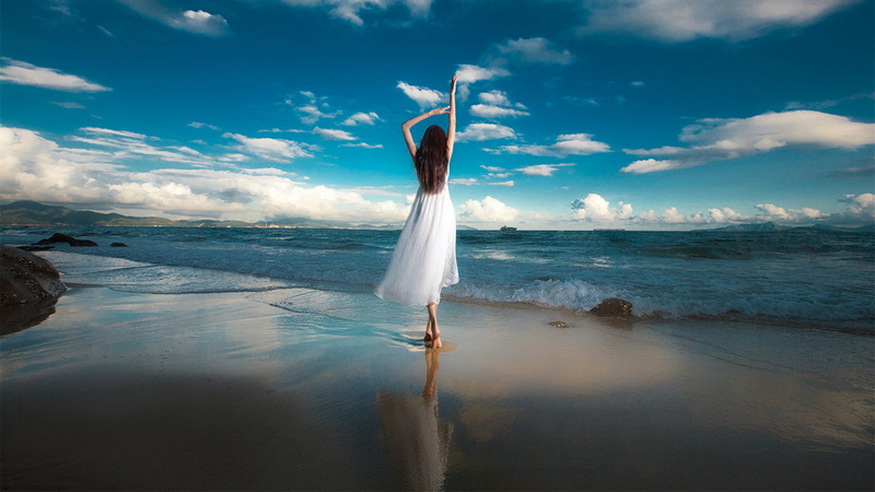 1080P, fashion, photography, beach, dress, arms up, horizon over water, Asian, women on beach, limb, brunette, sea, freedom, adult, model, full length