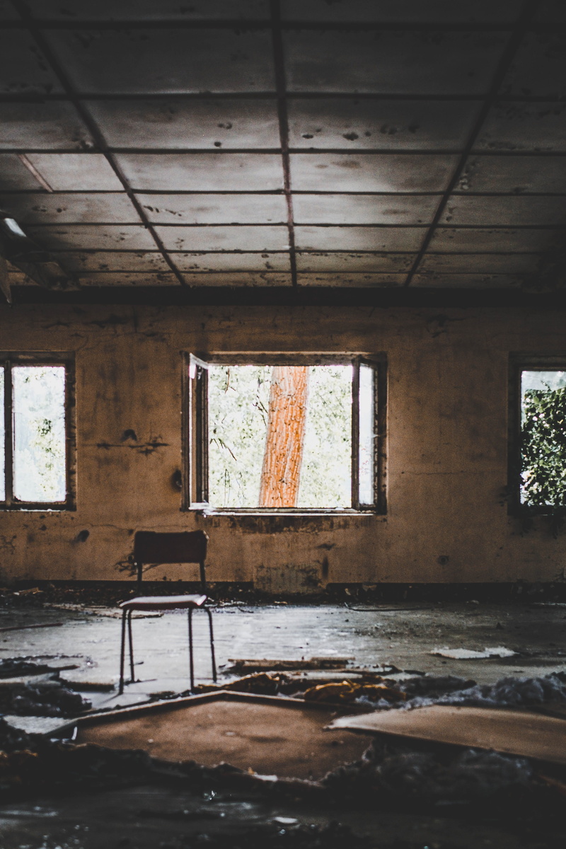 chair, weathered, derelict, built structure, building, floor, exploring, window, obsolete, architecture, flooring, decay, decline, horror, indoors, damaged