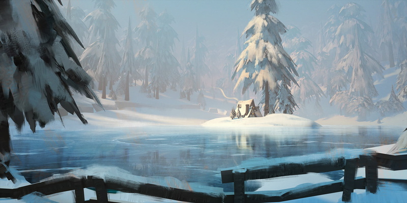 lake, Thomas Stoop, 1080P, cabin, snowy mountain, snow, fantasy art, winter, frozen lake, trees, digital art