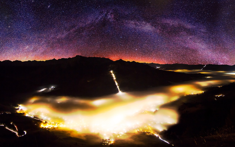 citylights, milky way, longexposure, nightsky, scenics - nature, amazing, no people, idyllic, stars, bavariagermany, milky, mountain, 4K, environment