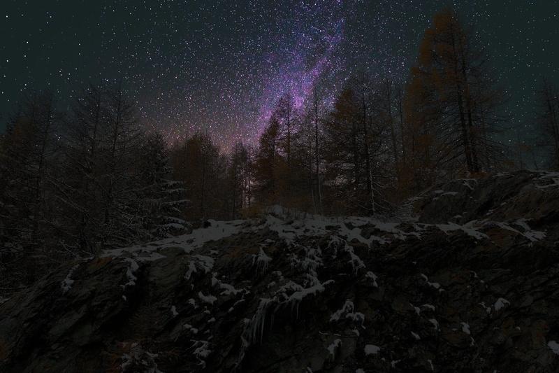 tranquil scene, stars, panorama, no people, star - space, night sky, forest, tranquility, non-urban scene, space, milky way, sky, cold temperature, galaxy