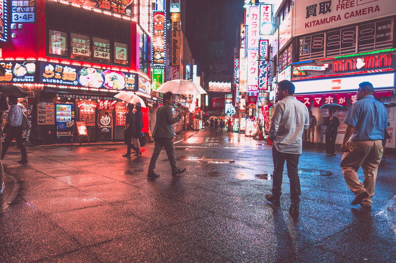 red, japan, text, cityscape, nightlife, built structure, large group of people, illuminated, women, city life, umbrella, group of people, shinjuku, tokyo