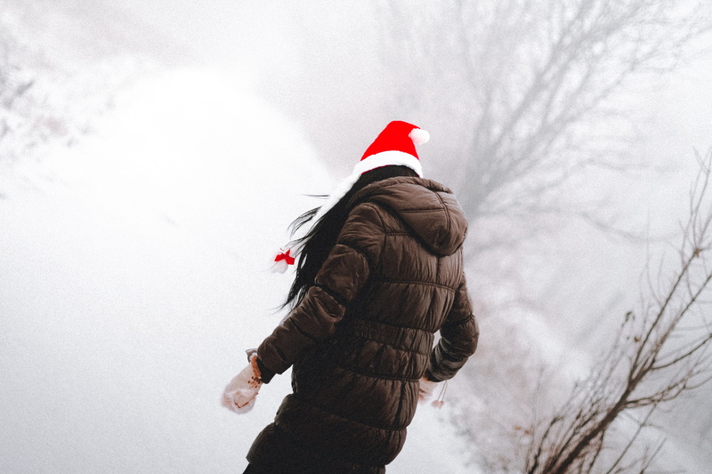 time, snow, christmas, holidays, standing, path, merry christmas, bare tree, forest, christmas holidays, woman, 4K, top, rear view, winter, tree, women