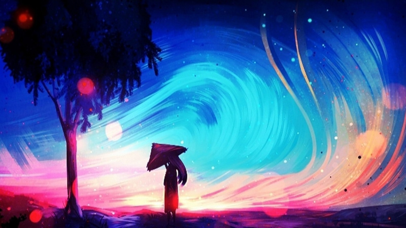 asian, bokeh, asian girl, fantasy art, art, wind, woman, umbrella, girl, painting, 1080P
