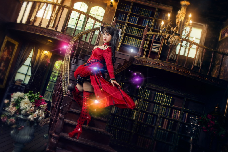 style, view, bow, chandelier, lights, ladder, lamp, room, candles, 1080P, stage, heels, red, pose, balconies, books, the dark background, glare, girl