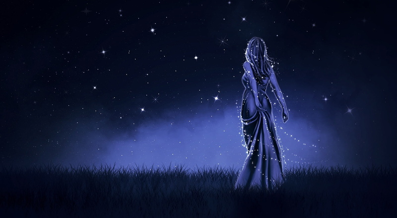 1080P, outdoors, woman, space, scenics - nature, Blue, field, no people, beauty in nature, dark, galaxy, grass, land, nightsky, astronomy, purple, plant