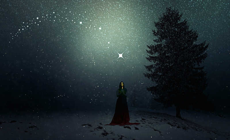 cold, surreal, women, atmospheric, lonely, sorceress, beautiful woman, christmas, fairytale, lichtspiel, tranquility, night sky, mood, fantasy