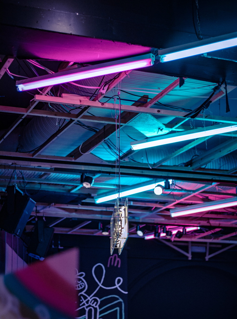 lighting, no people, communication, pink, built structure, dark, bulbs, illuminated, architecture, close, complexity, multi colored, purple, night, amusement park