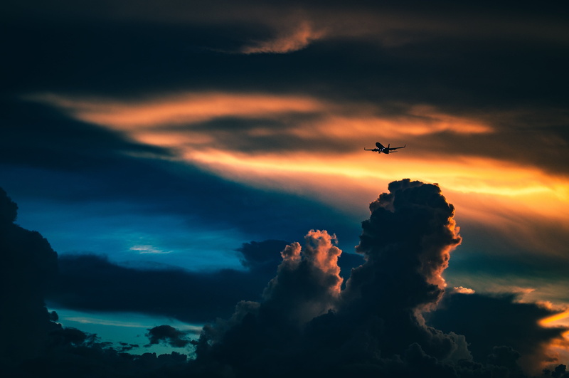 plane, 4K, scenics - nature, atmosphere, sky, nature, transport, clouds, air vehicle, orange color, low angle view, photo, dramatic sky, beauty in nature