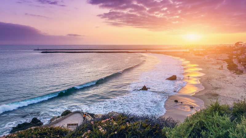 beach, sunset, green, united states, california, usa, sea, water, 4K, girl, california beach, reflactions, sun